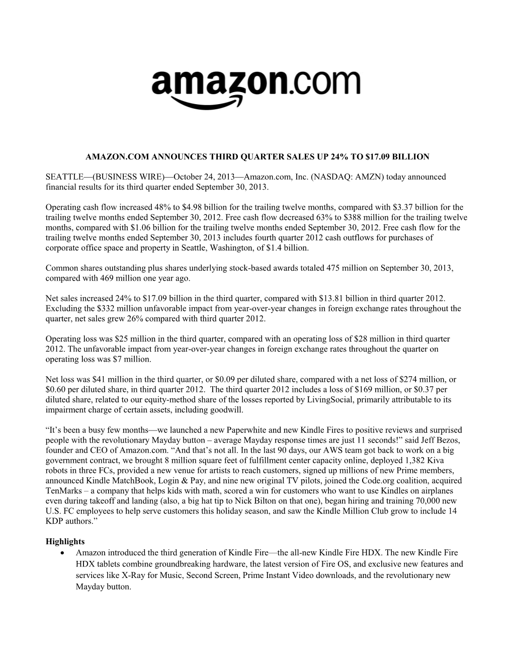 October 24, 2013—Amazon.Com, Inc