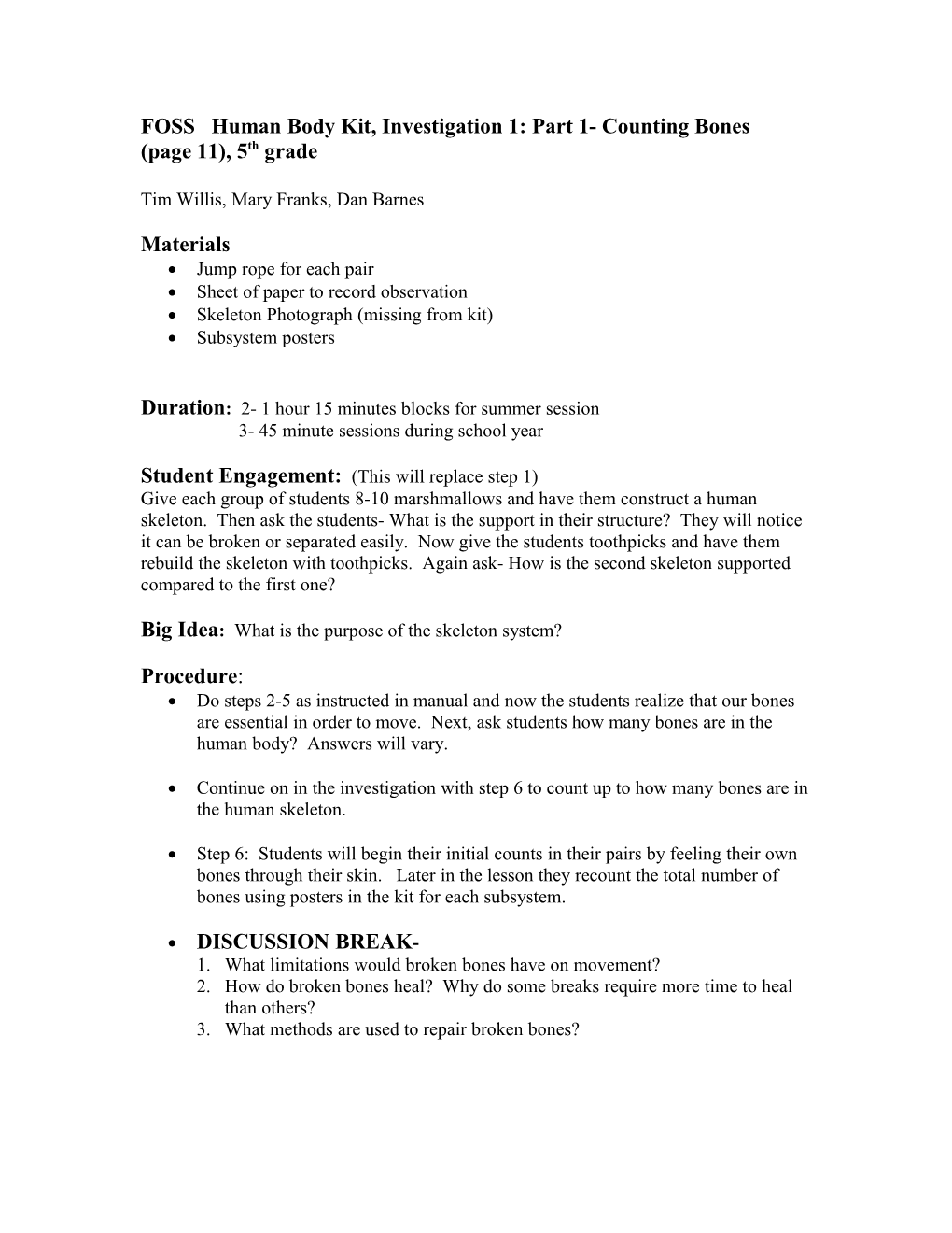 Human Body Kit, Investigation 1: Part 1- Counting Bones (Page 11), 5Th Grade