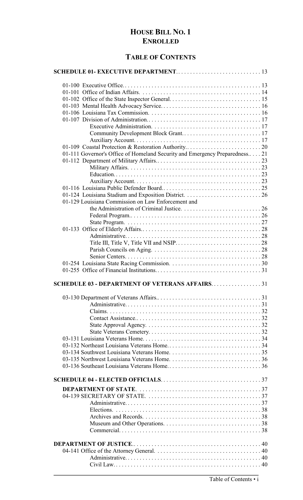 House Bill No. 1 Enrolled Table of Contents