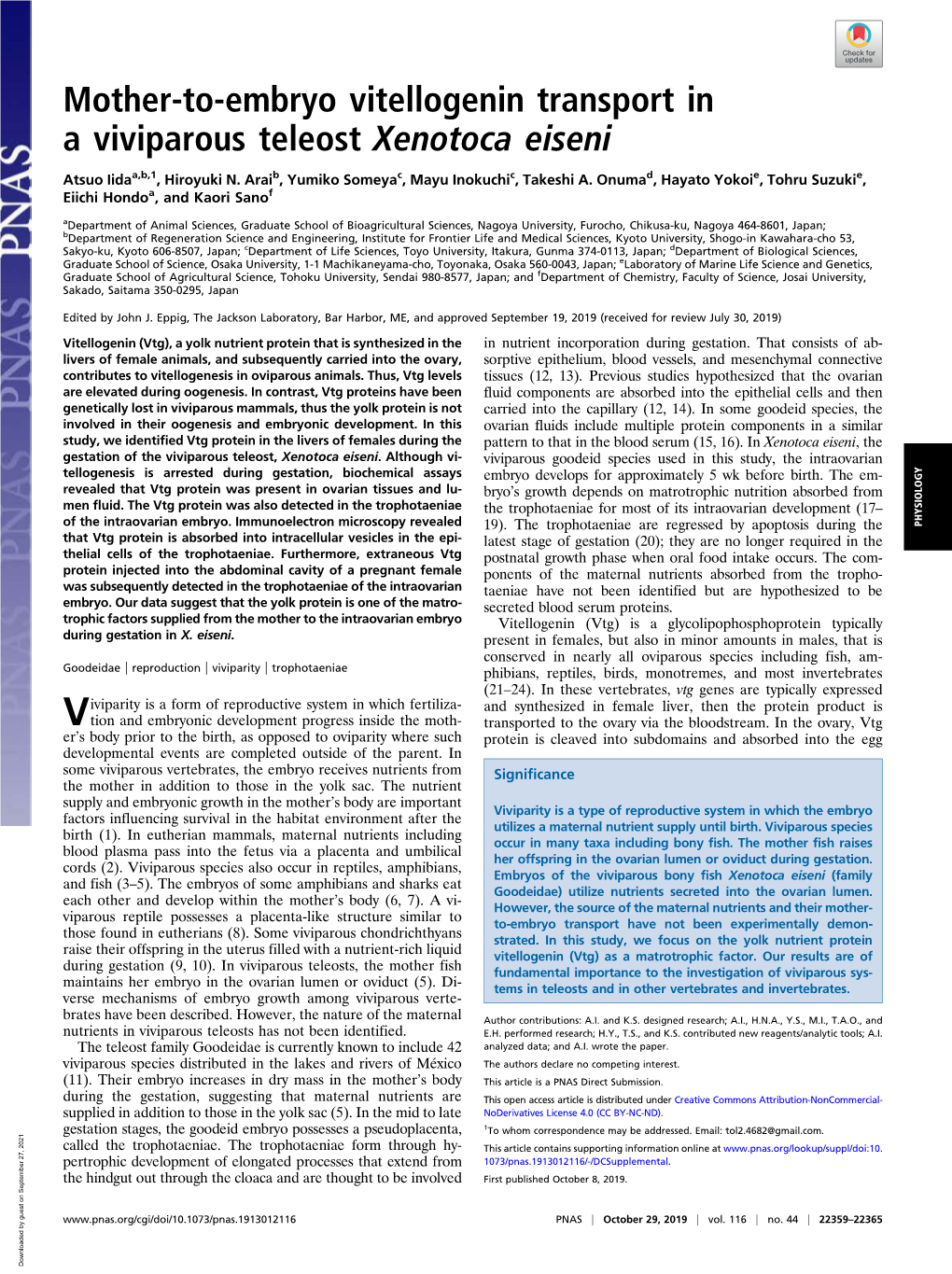 Mother-To-Embryo Vitellogenin Transport in a Viviparous Teleost Xenotoca Eiseni