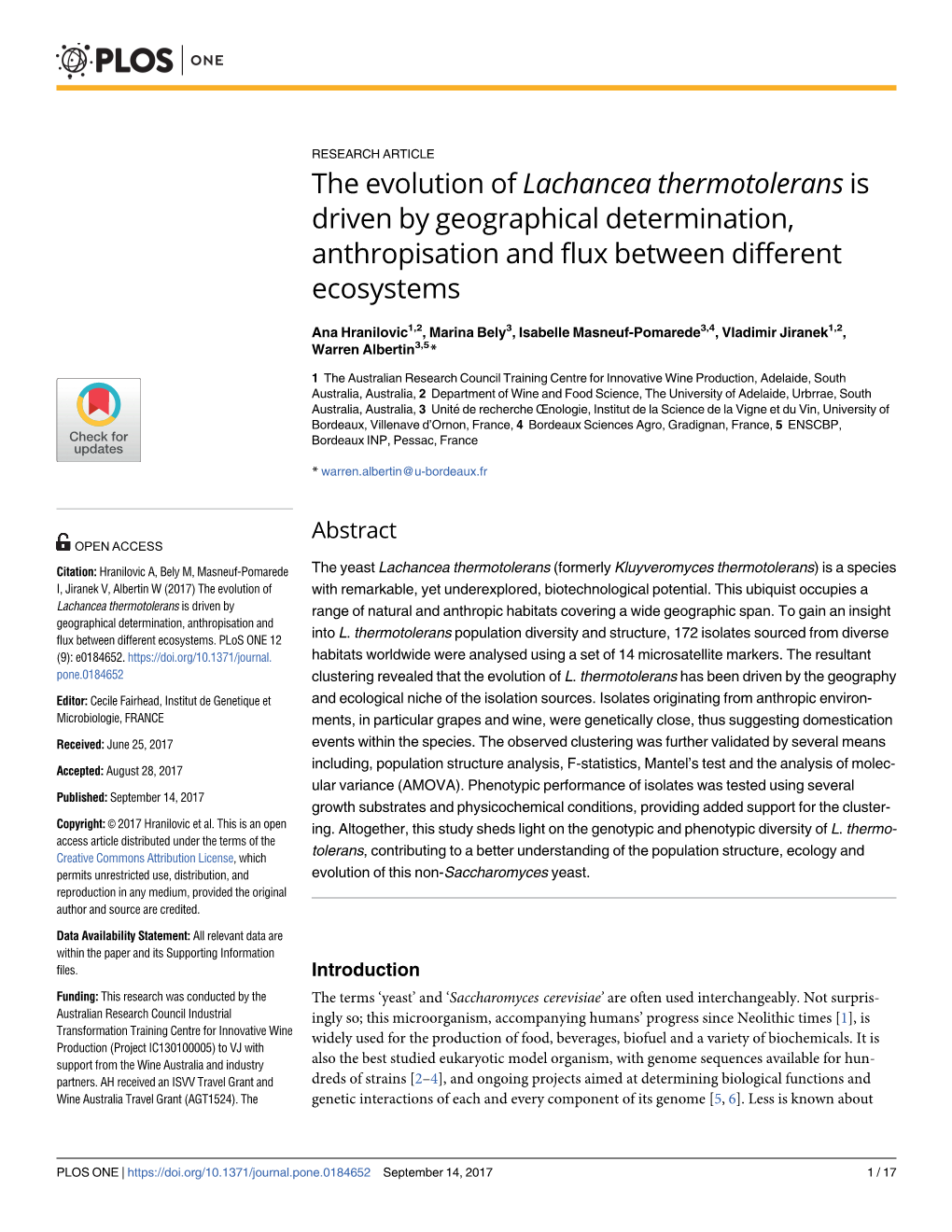 The Evolution of Lachancea Thermotolerans Is Driven by Geographical Determination, Anthropisation and Flux Between Different Ecosystems