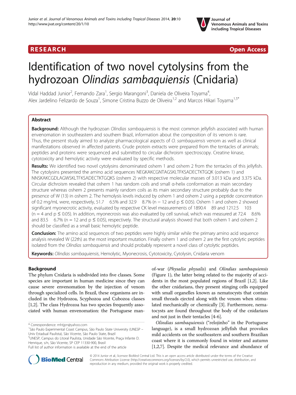 Identification of Two Novel Cytolysins from the Hydrozoan Olindias