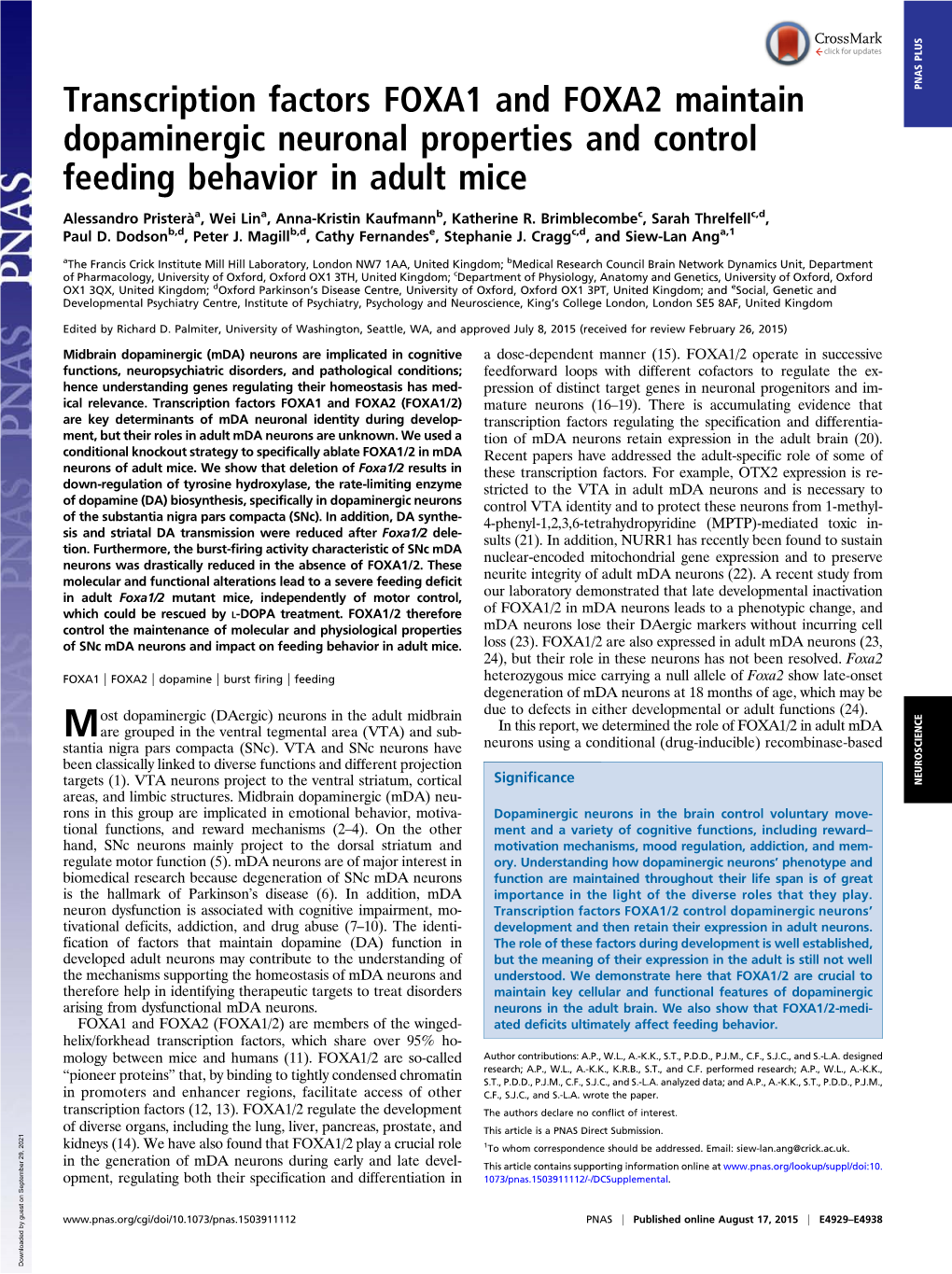 Transcription Factors FOXA1 and FOXA2 Maintain Dopaminergic