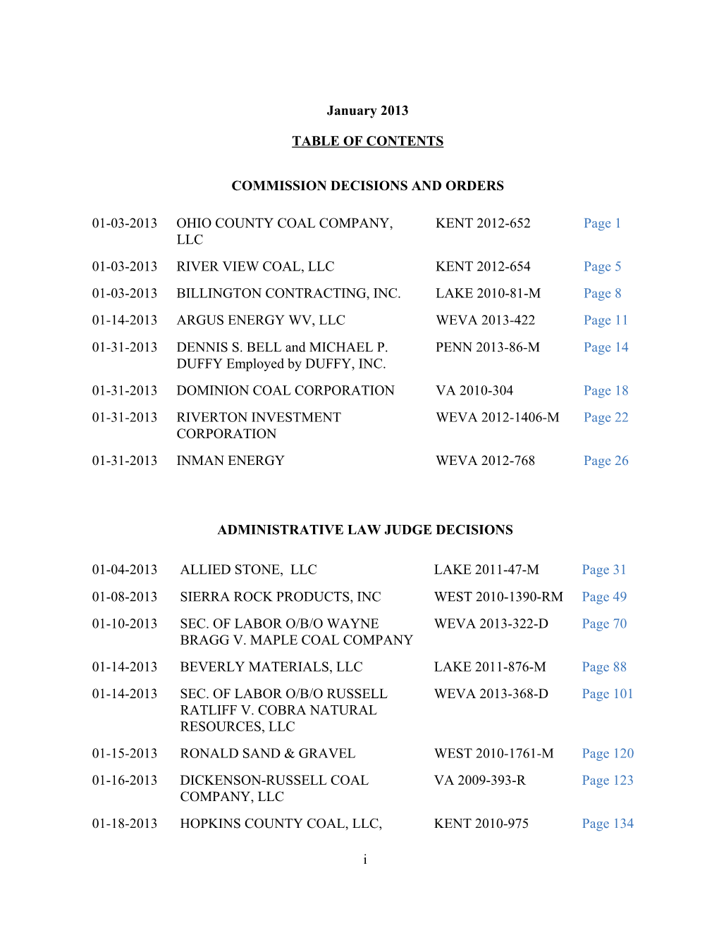 January 2013 TABLE of CONTENTS COMMISSION DECISIONS AND