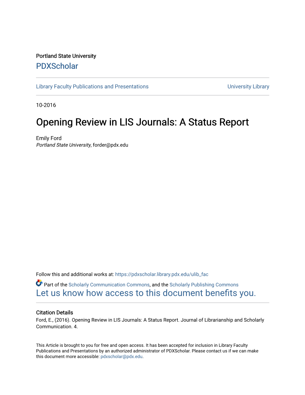 Opening Review in LIS Journals: a Status Report