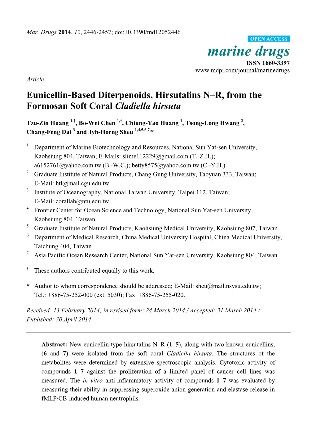 Eunicellin-Based Diterpenoids, Hirsutalins N–R, from the Formosan Soft Coral Cladiella Hirsuta