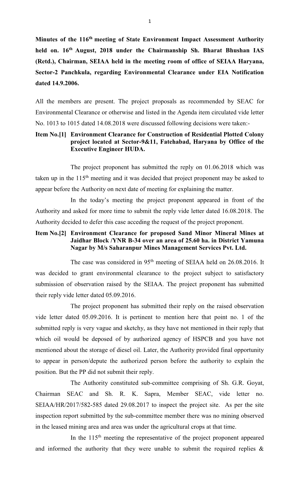 Minutes of the 116Th Meeting of State Environment Impact Assessment Authority Held On