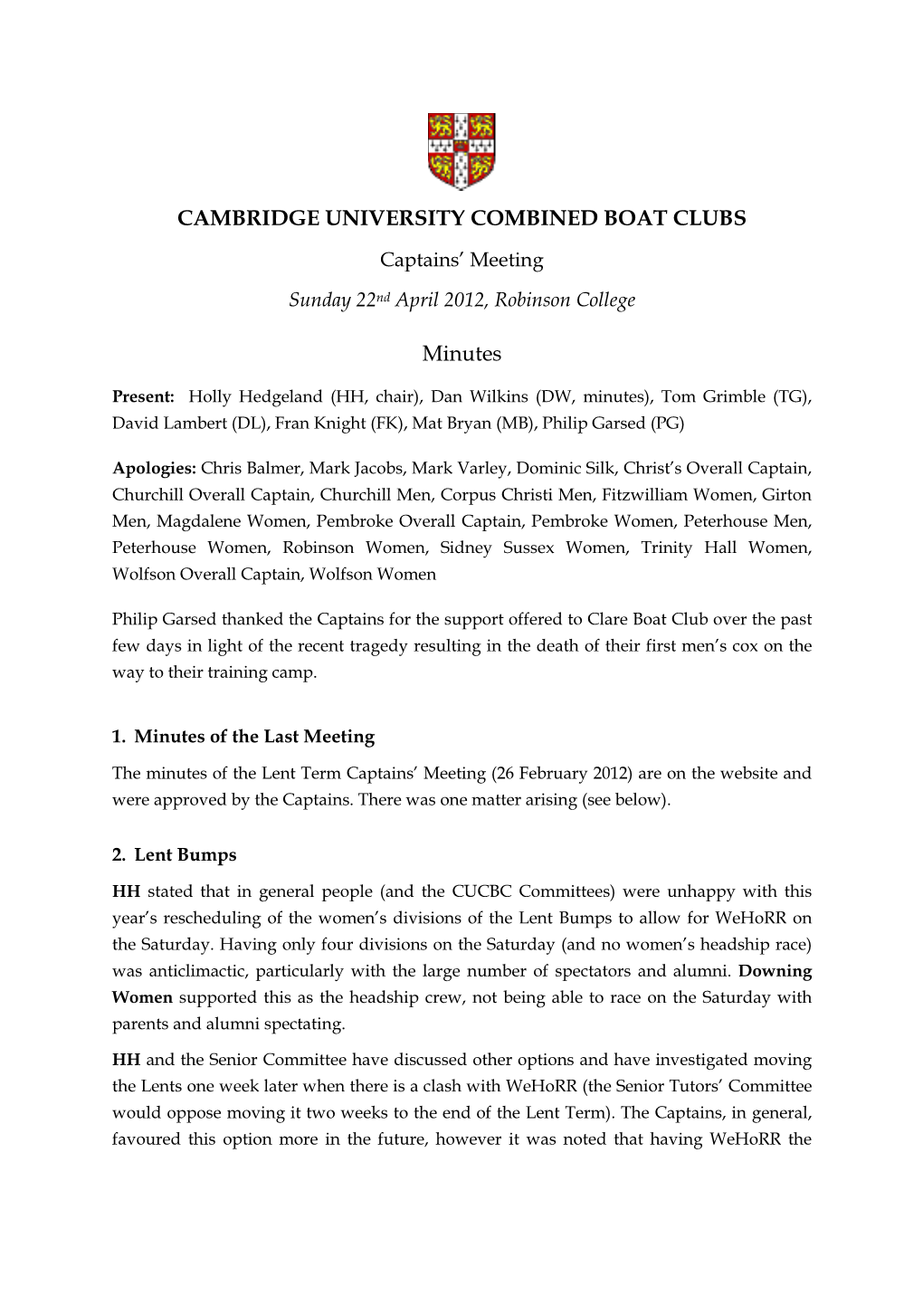 CAMBRIDGE UNIVERSITY COMBINED BOAT CLUBS Minutes