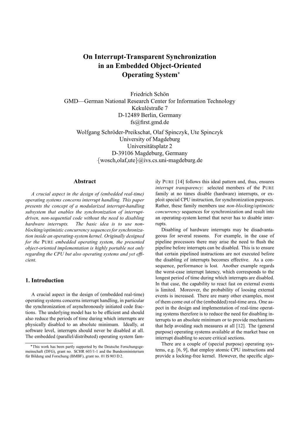 On Interrupt-Transparent Synchronization in an Embedded Object-Oriented