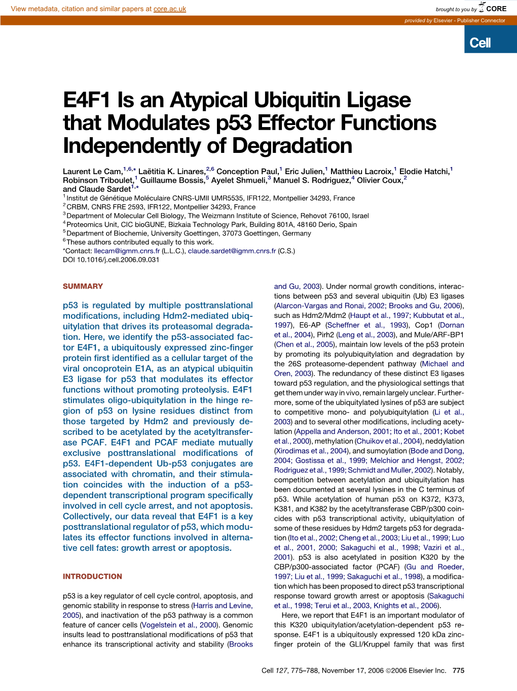 E4F1 Is an Atypical Ubiquitin Ligase That Modulates P53 Effector Functions Independently of Degradation