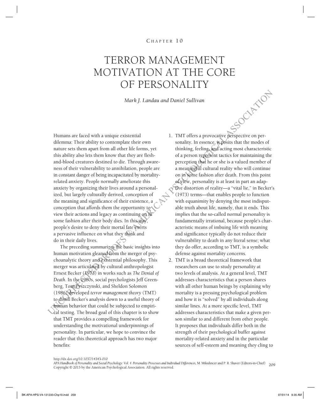 Terror Management Motivation at the Core of Personality