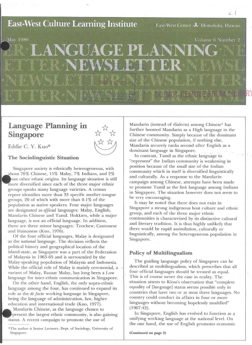 Language Planning Newsletter, May 1980, Vol. 6, No. 2