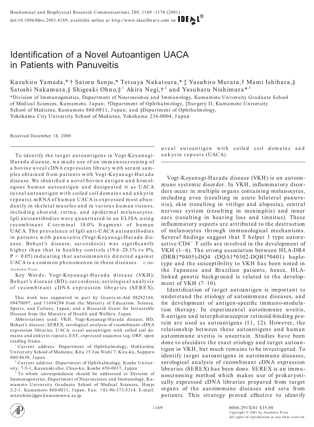 Identification of a Novel Autoantigen UACA in Patients with Panuveitis