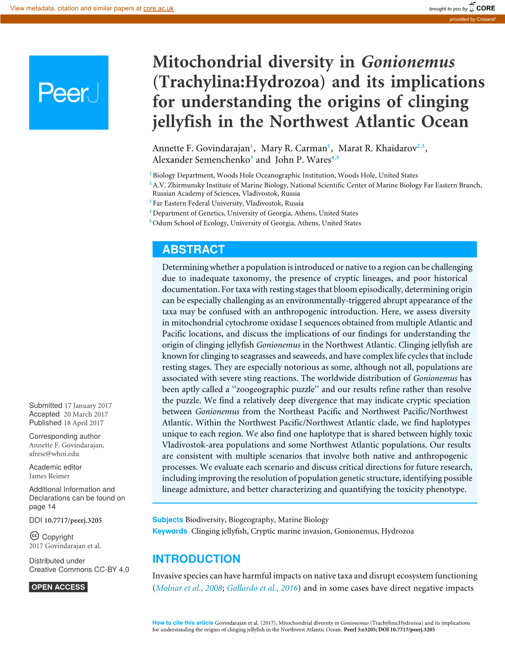 Mitochondrial Diversity in Gonionemus (Trachylina:Hydrozoa) and Its Implications for Understanding the Origins of Clinging Jellyfish in the Northwest Atlantic Ocean