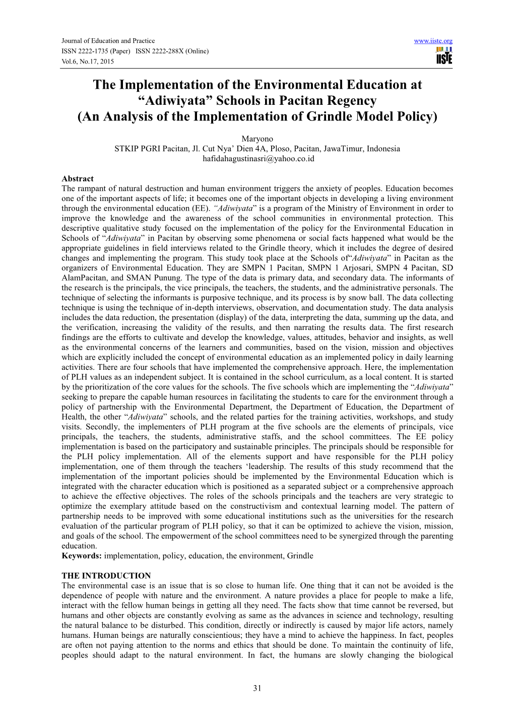 The Implementation of the Environmental Education at “Adiwiyata” Schools in Pacitan Regency (An Analysis of the Implementation of Grindle Model Policy)