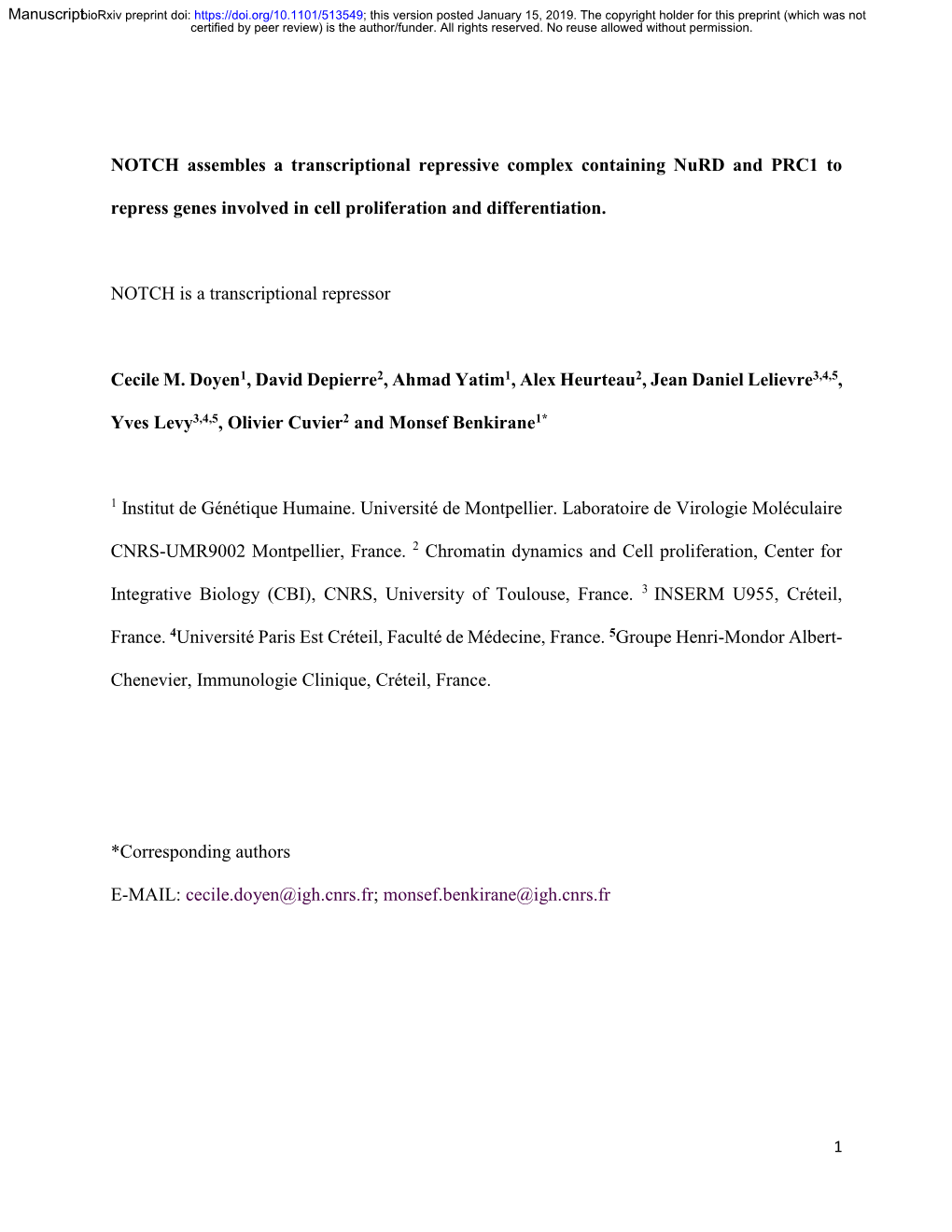 NOTCH Assembles a Transcriptional Repressive Complex Containing Nurd and PRC1 To