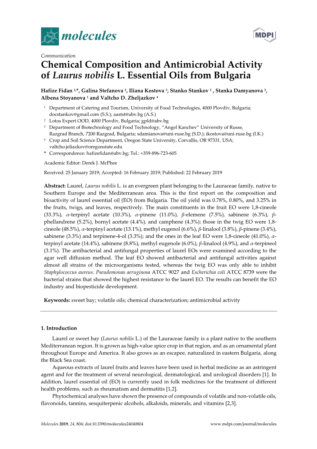 Chemical Composition and Antimicrobial Activity of Laurus Nobilis L