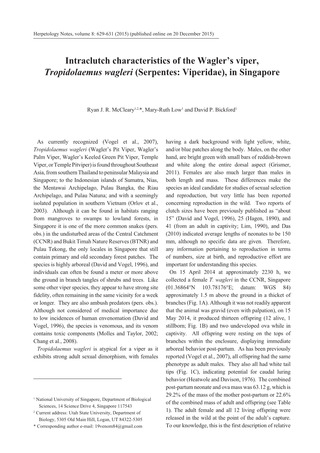 Intraclutch Characteristics of the Wagler's Viper, Tropidolaemus