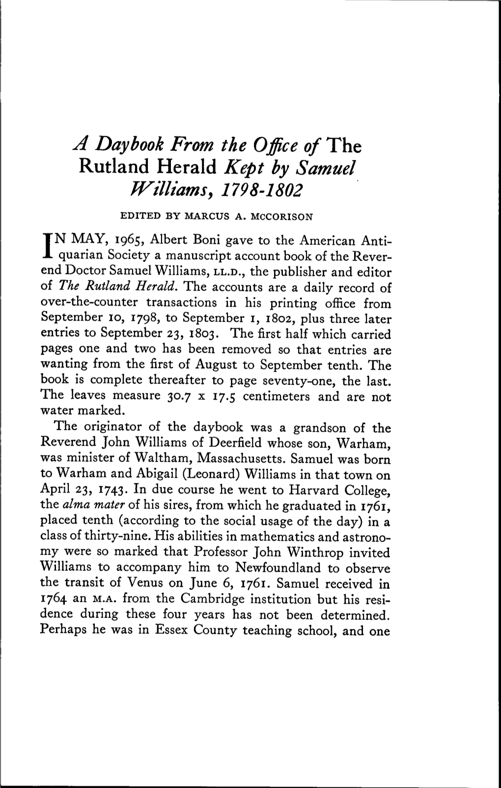 A Daybook from the Office of the Rutland Herald Kept by Samuel Tvilliams, 1798-1802 EDITED by MARCUS A