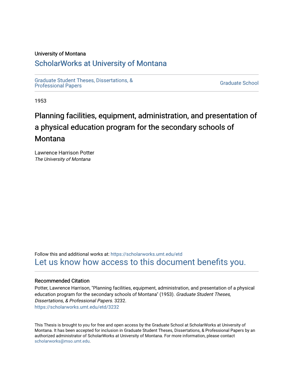 Planning Facilities, Equipment, Administration, and Presentation of a Physical Education Program for the Secondary Schools of Montana