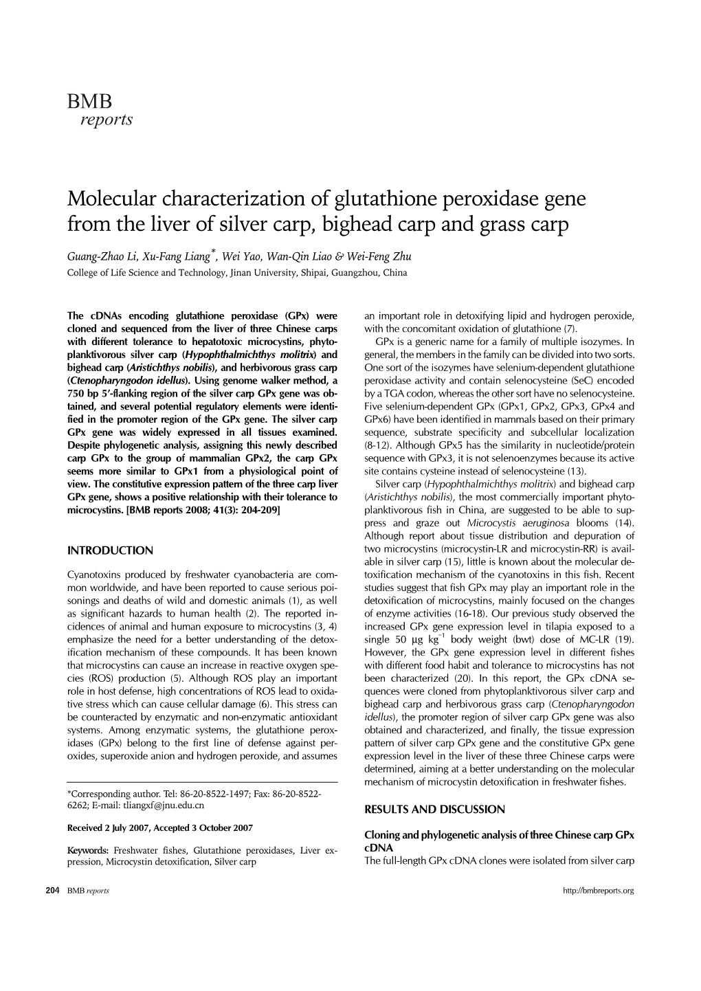 Molecular Characterization of Glutathione Peroxidase Gene from the Liver of Silver Carp, Bighead Carp and Grass Carp