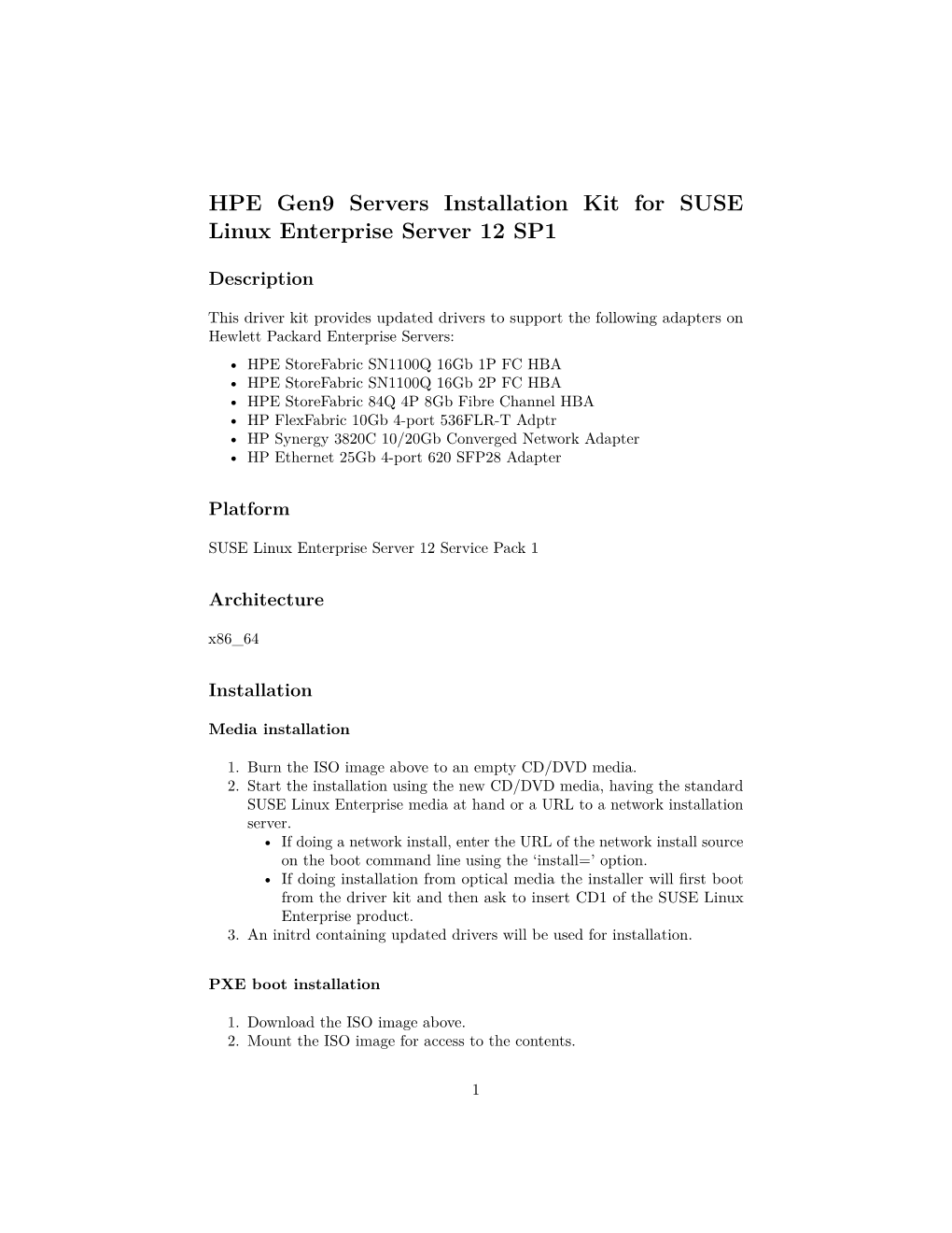 HPE Gen9 Servers Installation Kit for SUSE Linux Enterprise Server 12 SP1