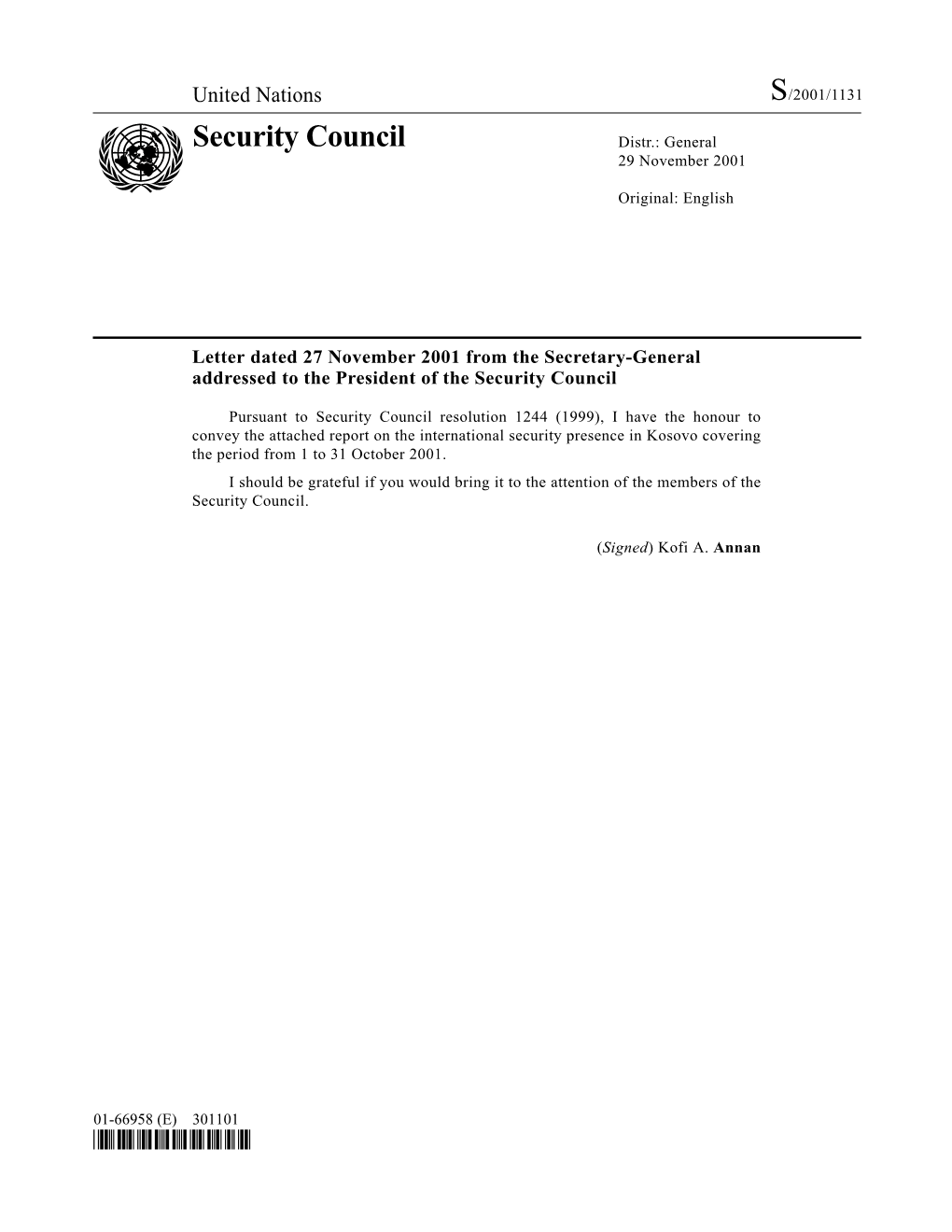 Security Council Distr.: General 29 November 2001