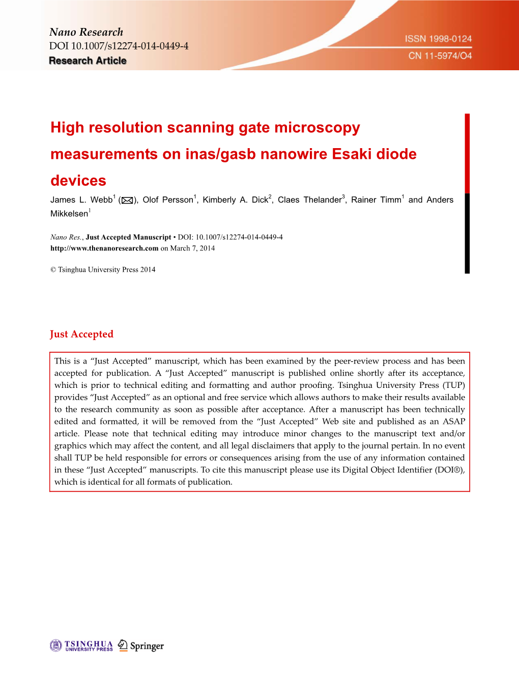 High Resolution Scanning Gate Microscopy Measurements on Inas/Gasb Nanowire Esaki Diode Devices James L