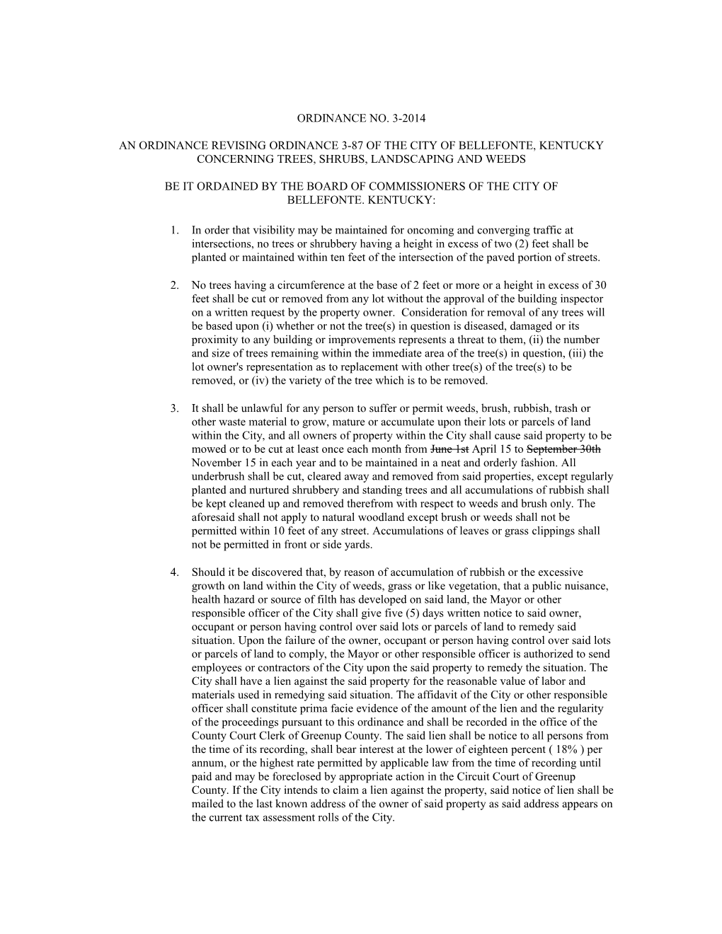 Ordinance No. 3-2014 an Ordinance Revising Ordinance 3-87 of the City of Bellefonte, Kentucky