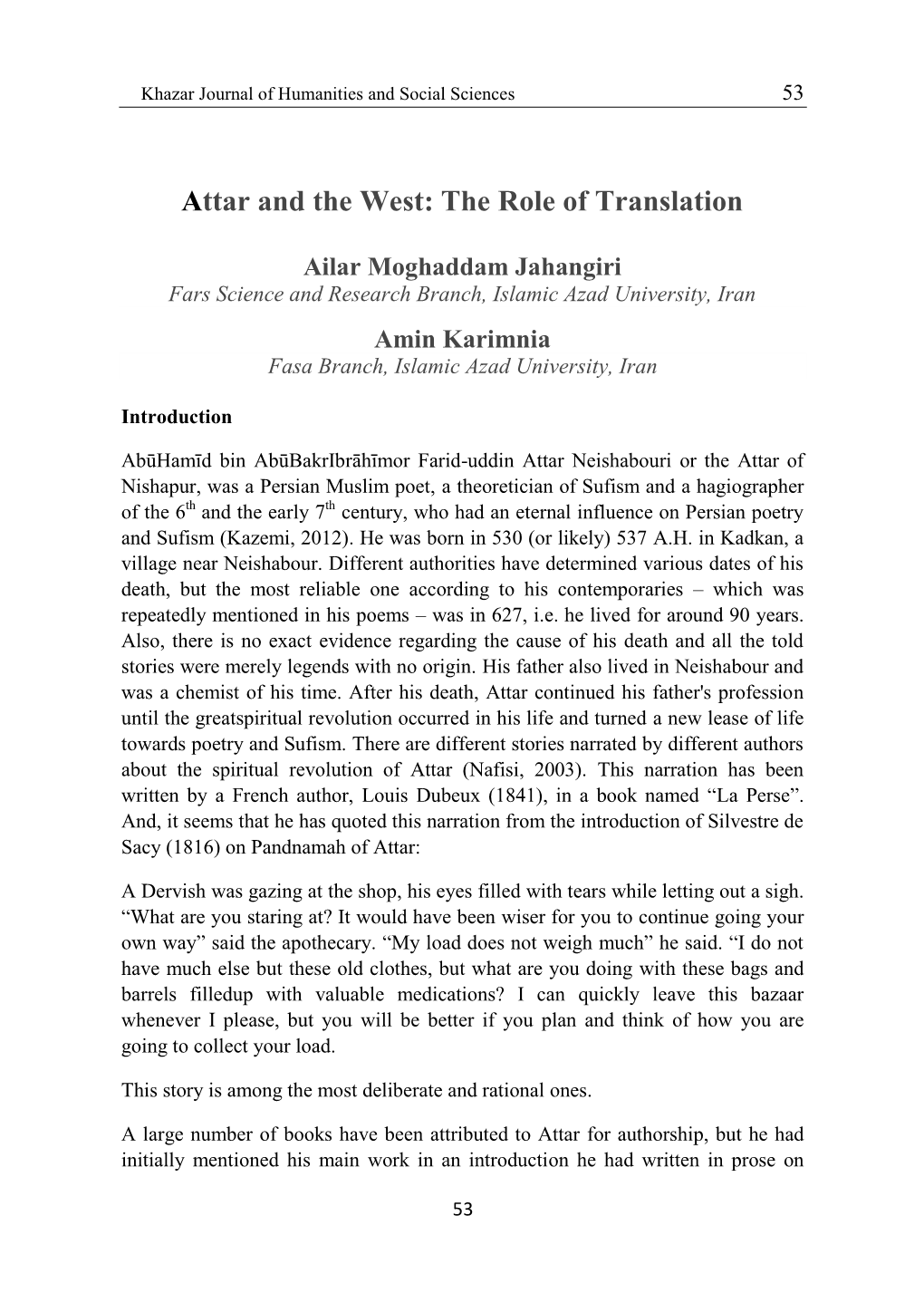 Attar and the West: with Reference to Translation