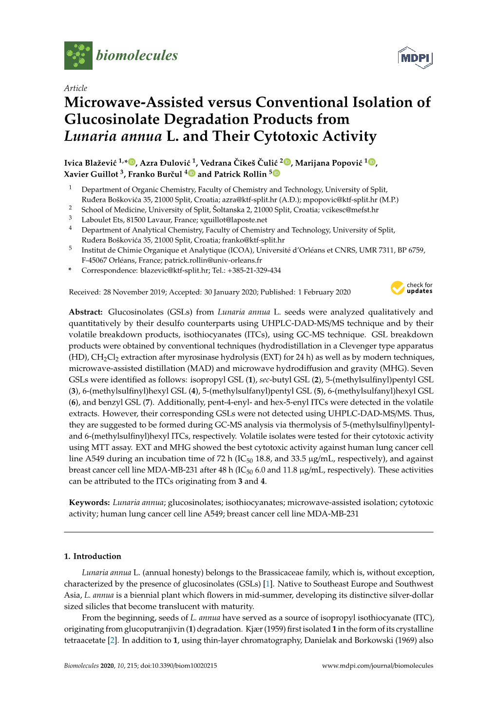 Microwave-Assisted Versus Conventional Isolation of Glucosinolate Degradation Products from Lunaria Annua L