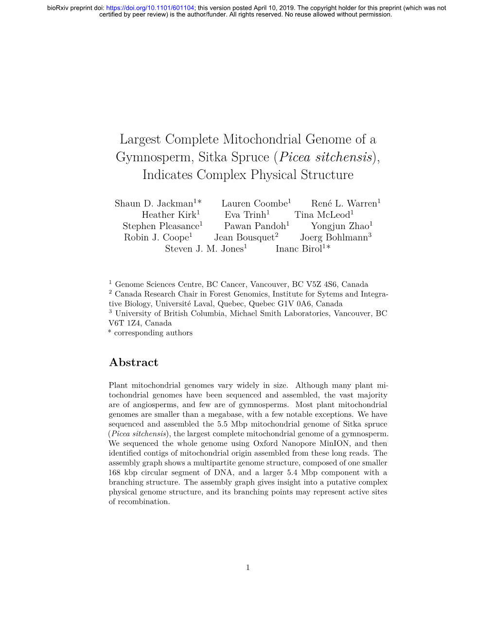 Largest Complete Mitochondrial Genome of a Gymnosperm, Sitka Spruce (Picea Sitchensis), Indicates Complex Physical Structure