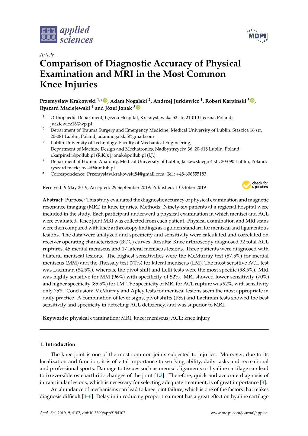 Comparison of Diagnostic Accuracy of Physical Examination and MRI in the Most Common Knee Injuries