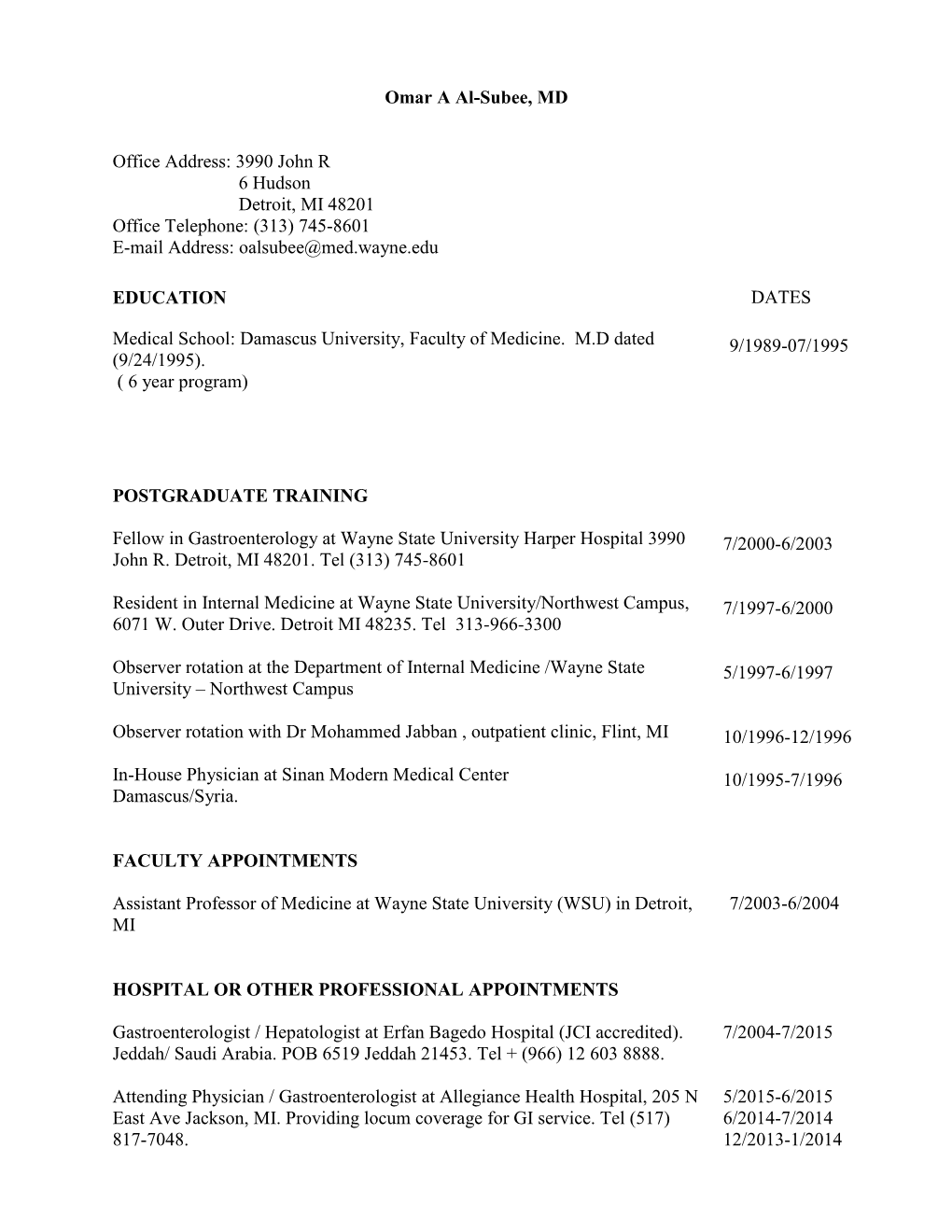 School of Medicine Cv Format