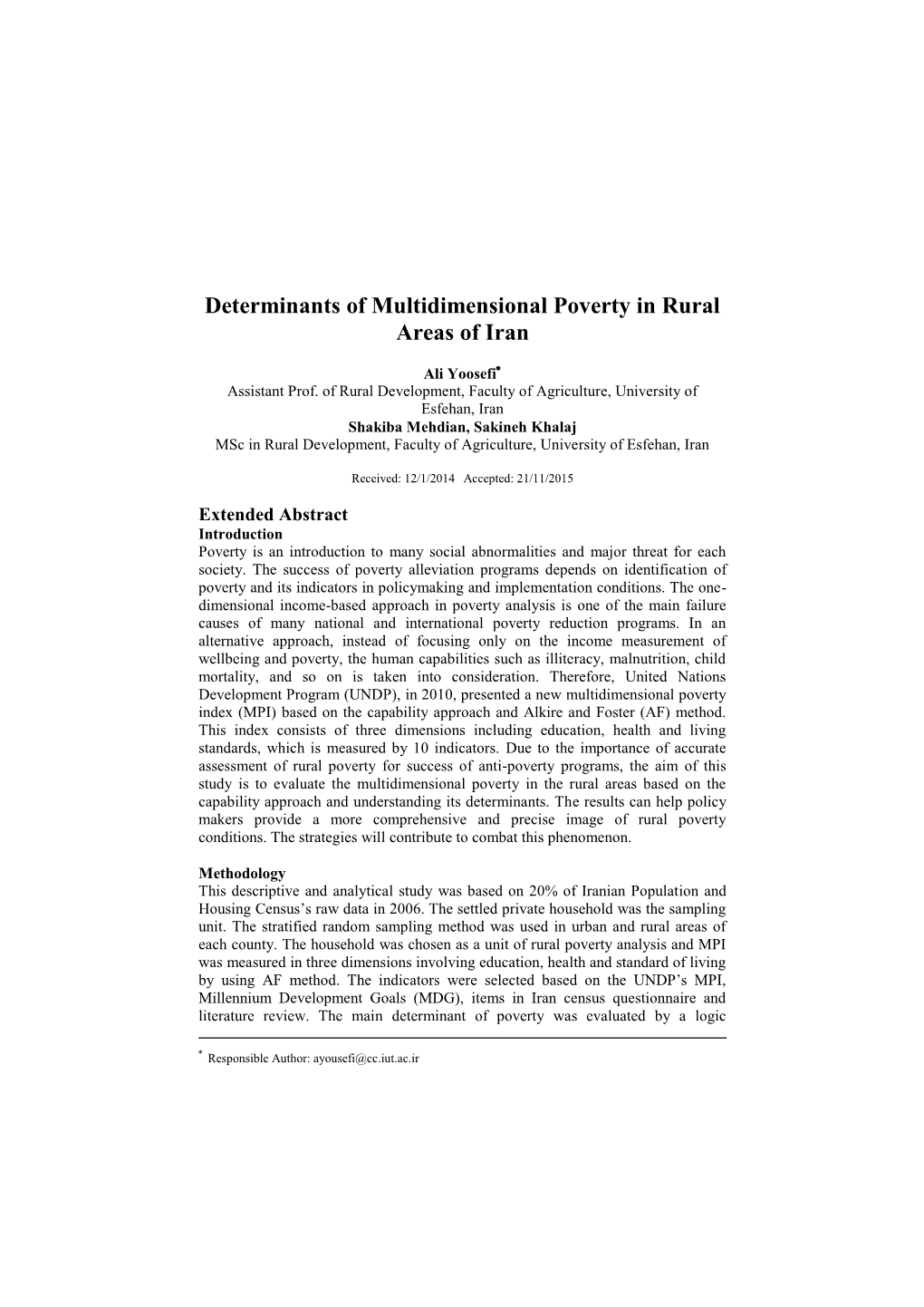 Determinants of Multidimensional Poverty in Rural Areas of Iran