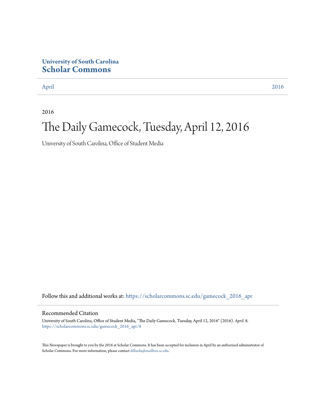 The Daily Gamecock, Tuesday, April 12, 2016