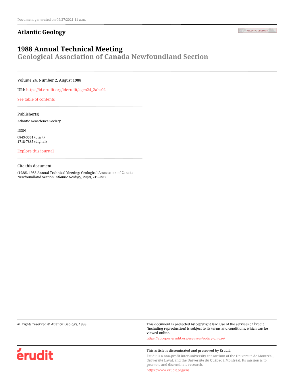 1988 Annual Technical Meeting: Geological Association of Canada Newfoundland Section