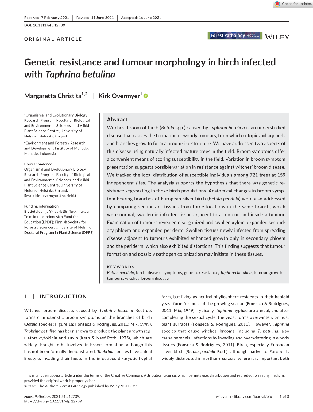 Genetic Resistance and Tumour Morphology in Birch Infected with Taphrina Betulina