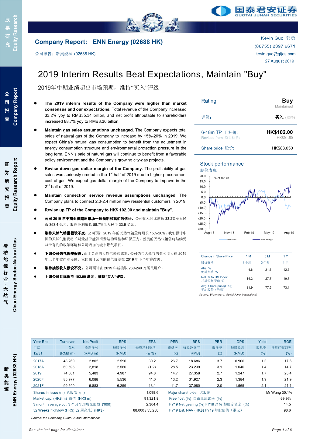 2019 Interim Results Beat Expectations, Maintain "Buy"