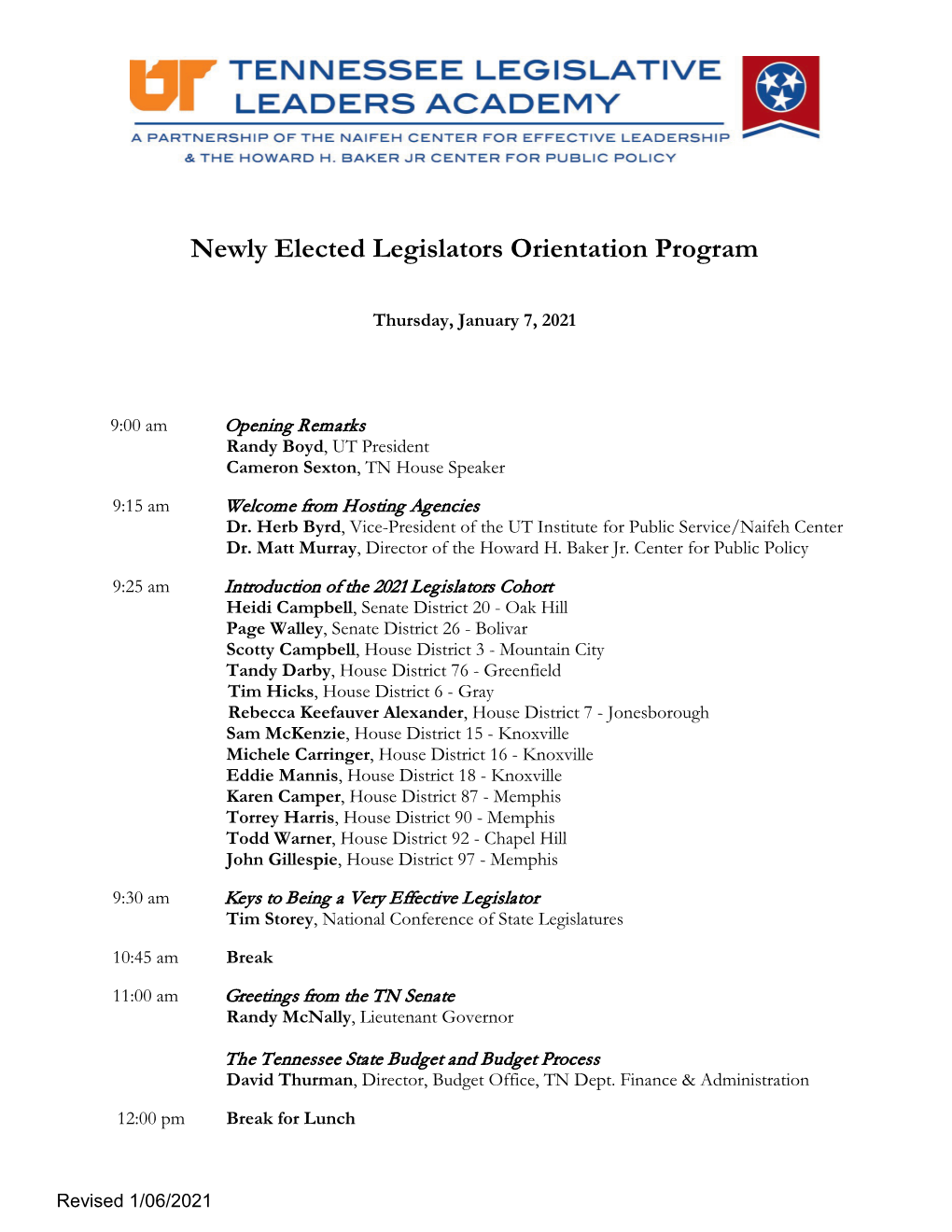 Newly Elected Legislators Orientation Program