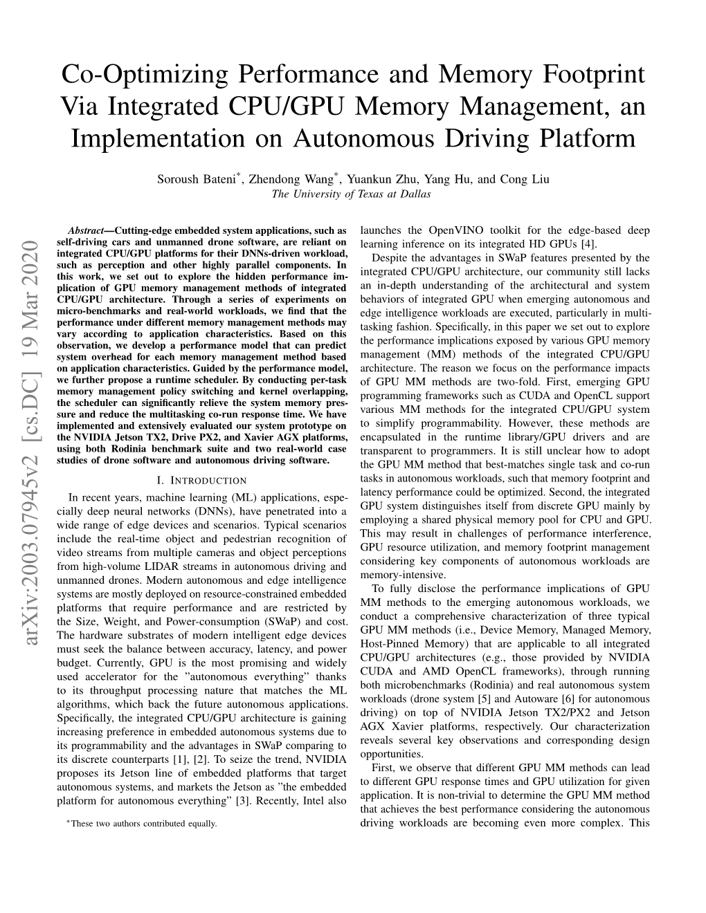 Co-Optimizing Performance and Memory Footprint Via Integrated CPU/GPU Memory Management, an Implementation on Autonomous Driving Platform