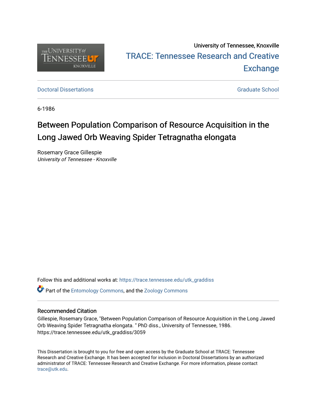 Between Population Comparison of Resource Acquisition in the Long Jawed Orb Weaving Spider Tetragnatha Elongata