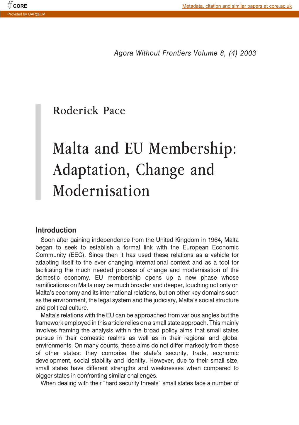 Malta and EU Membership: Adaptation, Change and Modernisation