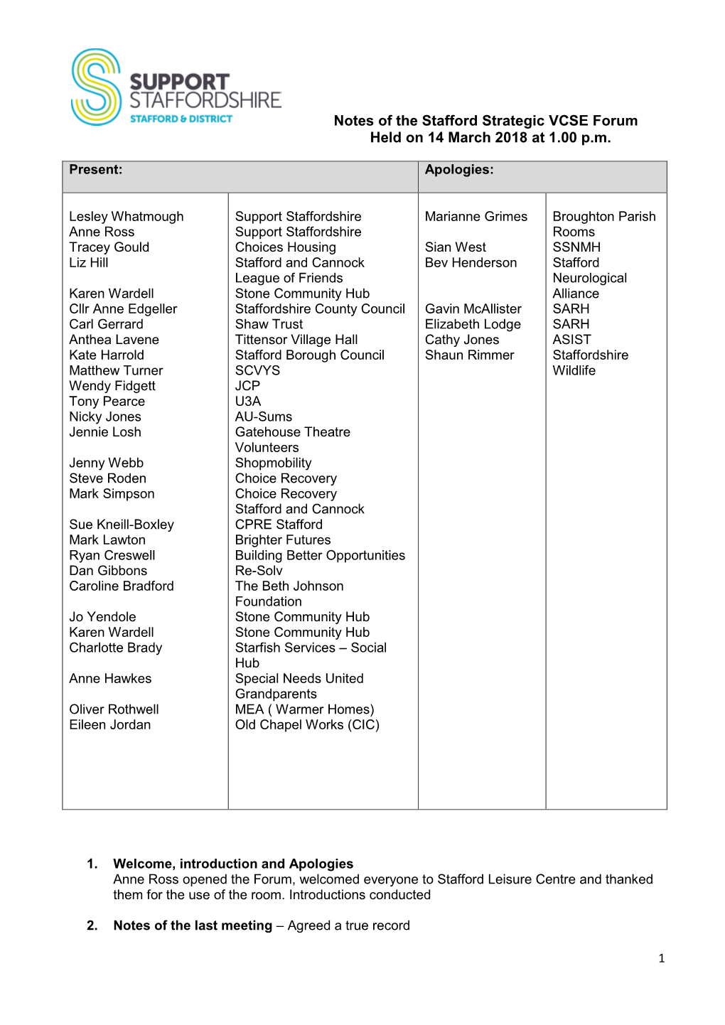 Notes of the Stafford Strategic VCSE Forum Held on 14 March 2018 at 1.00 P.M