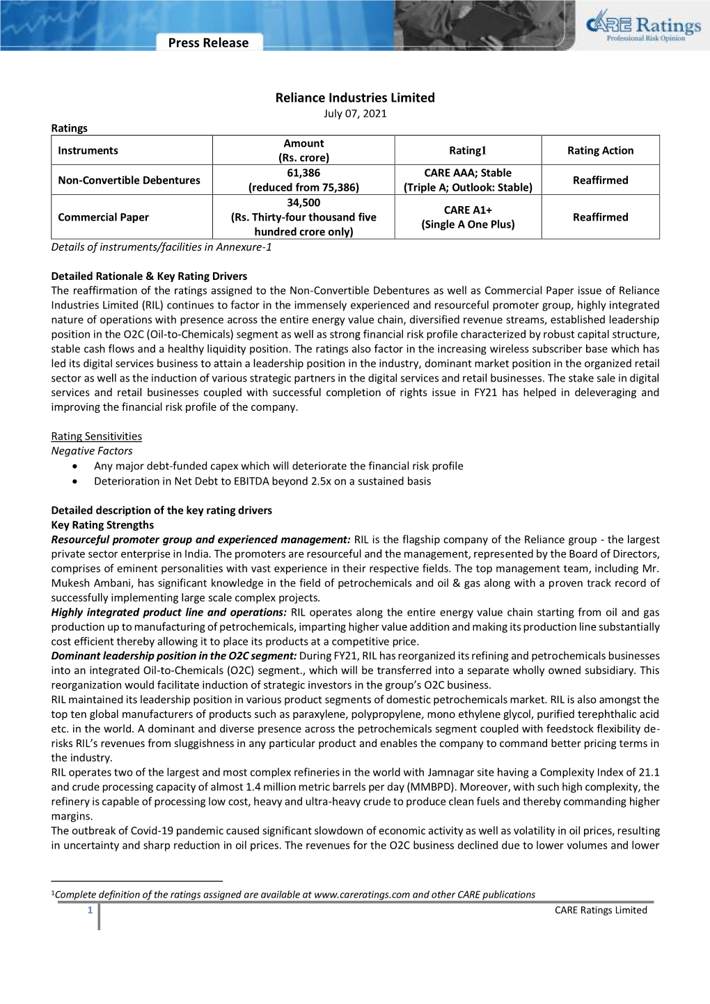 Press Release Reliance Industries Limited