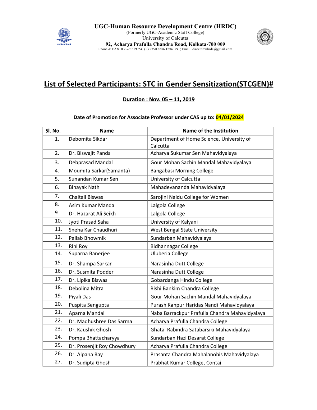 List of Selected Participants: STC in Gender Sensitization(STCGEN)