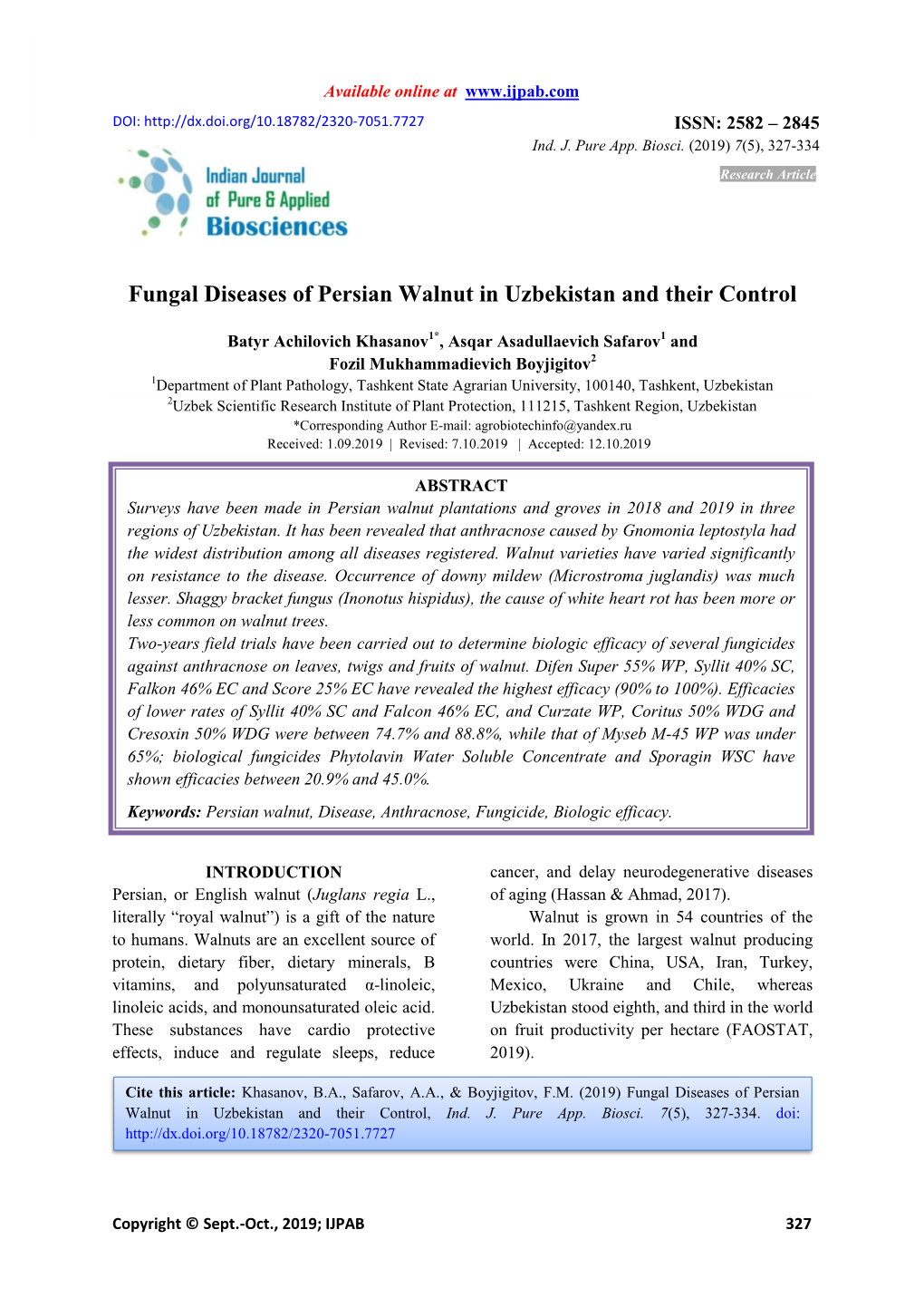 Fungal Diseases of Persian Walnut in Uzbekistan and Their Control