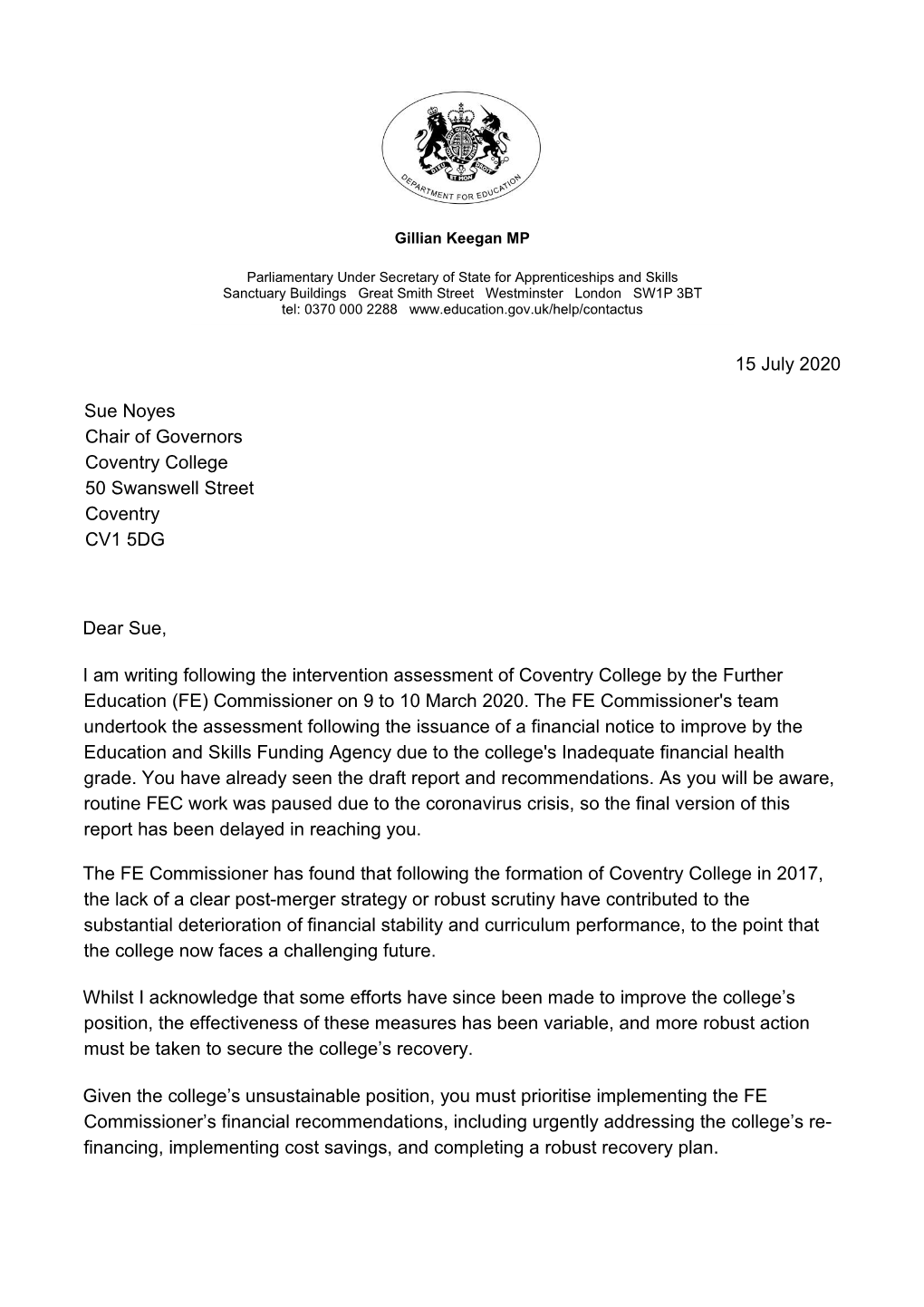 Coventry College Letter to Chair