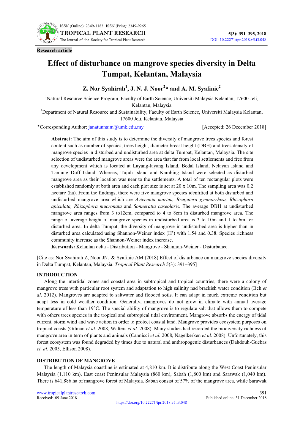 Effect of Disturbance on Mangrove Species Diversity in Delta Tumpat, Kelantan, Malaysia