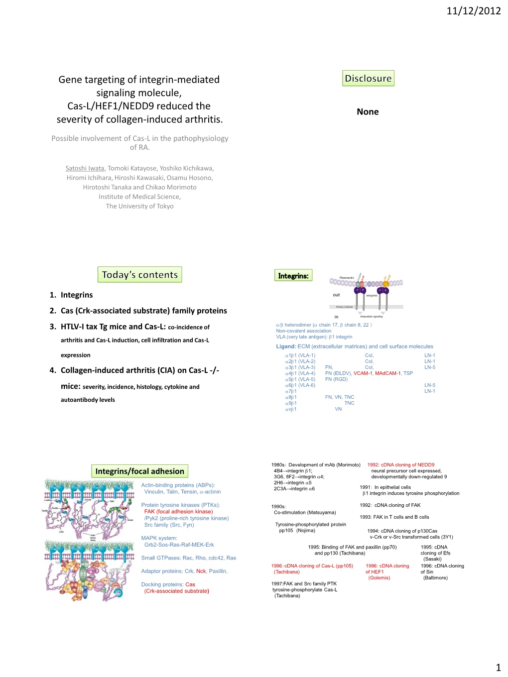 Gene Targeting of Integrin-Mediated Signaling Molecule, Cas-L/HEF1/NEDD9 Reduced the None Severity of Collagen-Induced Arthritis